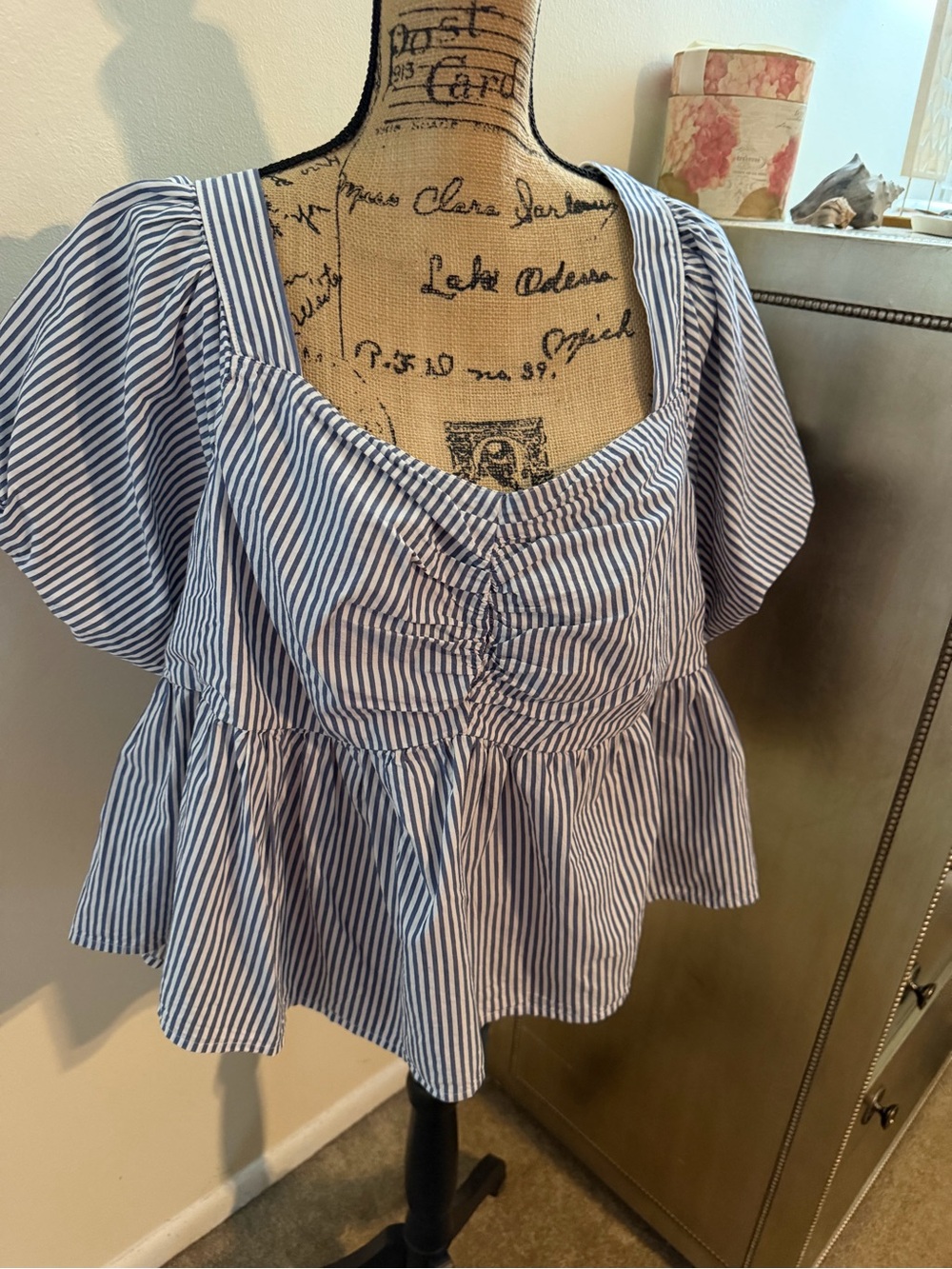 Old Navy Blue & White Striped Peplum Square-Neck Blouse